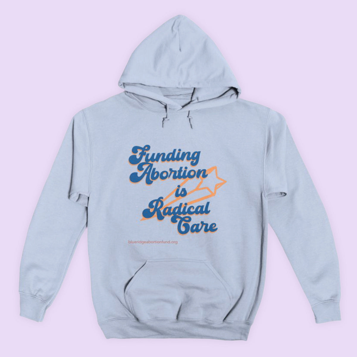 A sky blue pullover hoodie imprinted with a retro, 