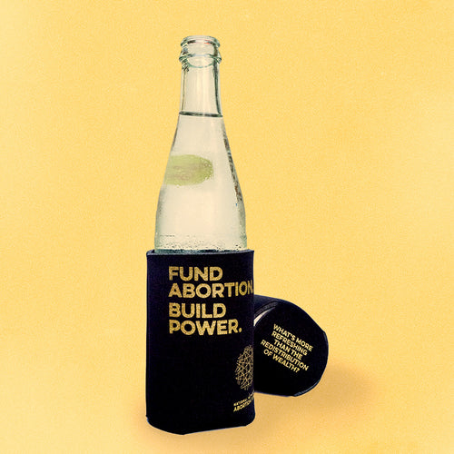 Photo of a clear glass bottle in a black koozie, on a yellow background. The koozie is imprinted with the text, 